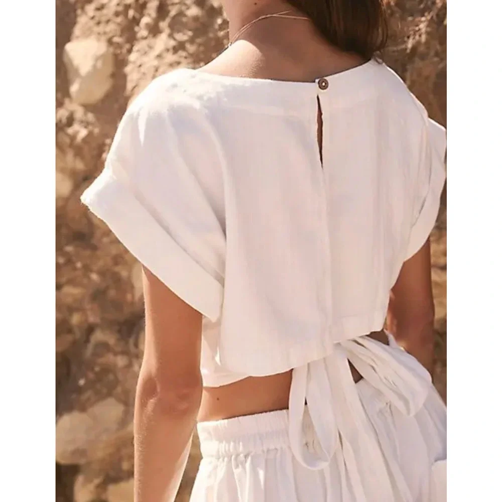 NEW FREE PEOPLE FREE-EST WHITE FEELIN' FREE CROPPED TOP HAREM PANTS SET SZ L